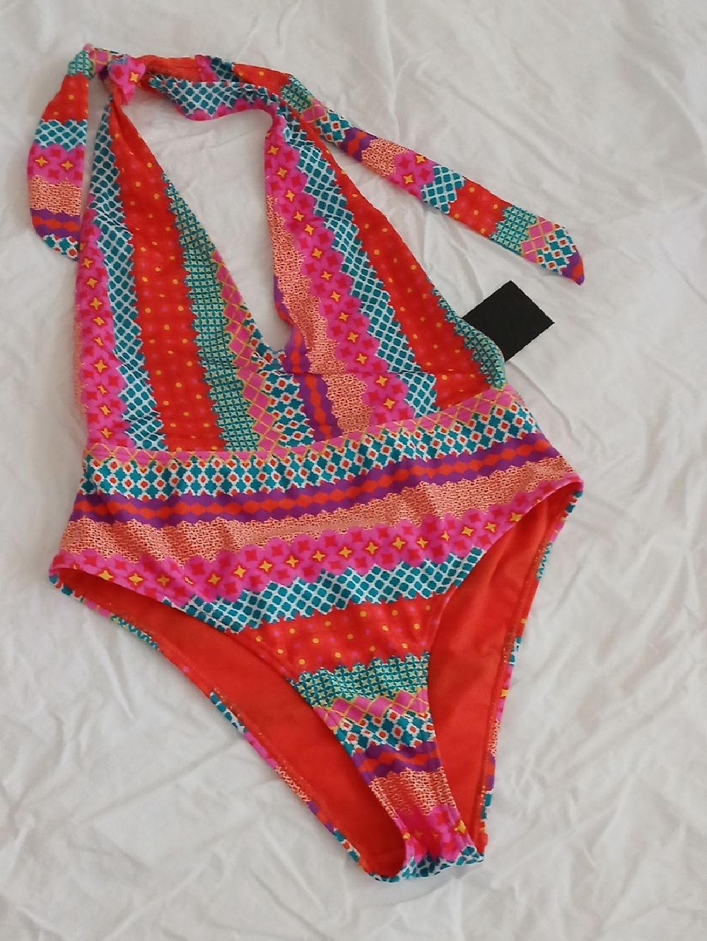 Colorful Red & Pink Patterned Halter One-Piece Swimsuit